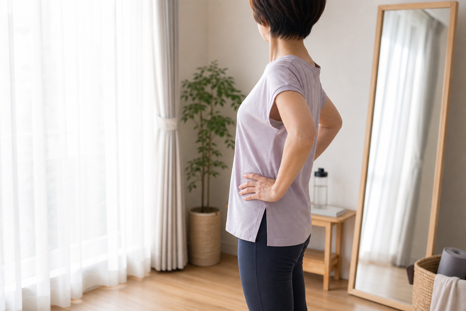 自然光の中で立つ健康的な女性の横姿
